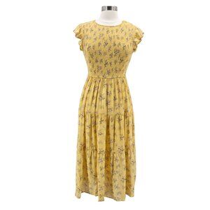 By The River Womens Medium Dress Floral Smocked Midi Yellow Boho Cottage